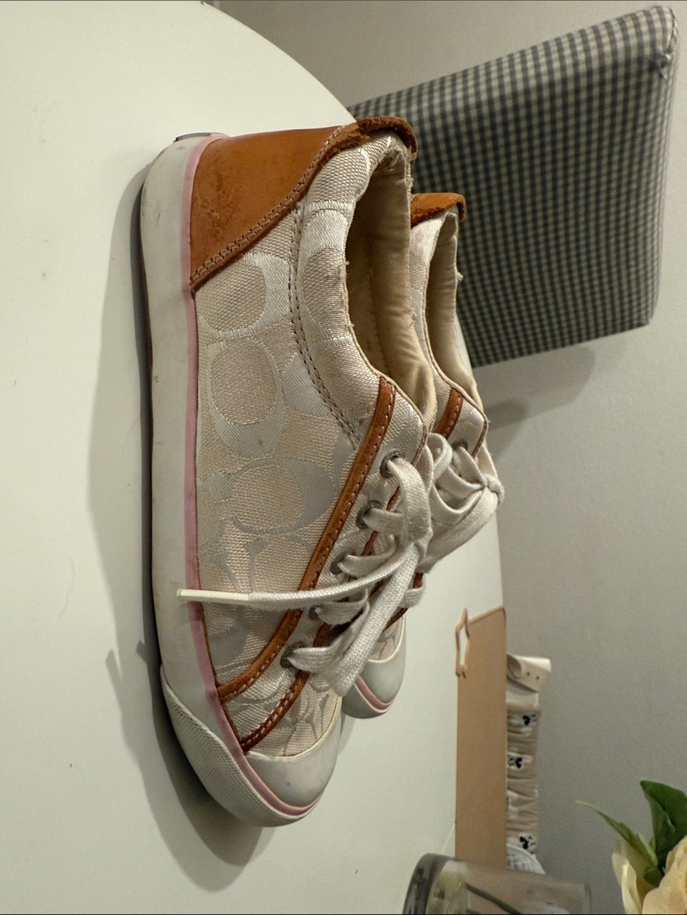 Coach Cream and Tan Lace-Up Canvas Sneakers with Pink Trim